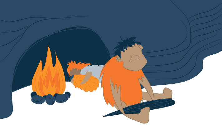 A Caveman Keeps Watch at Night While the Others Sleep Nearby a Fire Illustration