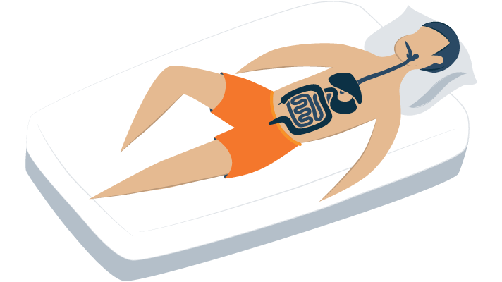 Illustration of a Person Laying Down in Bed and We See inside the Digestive System